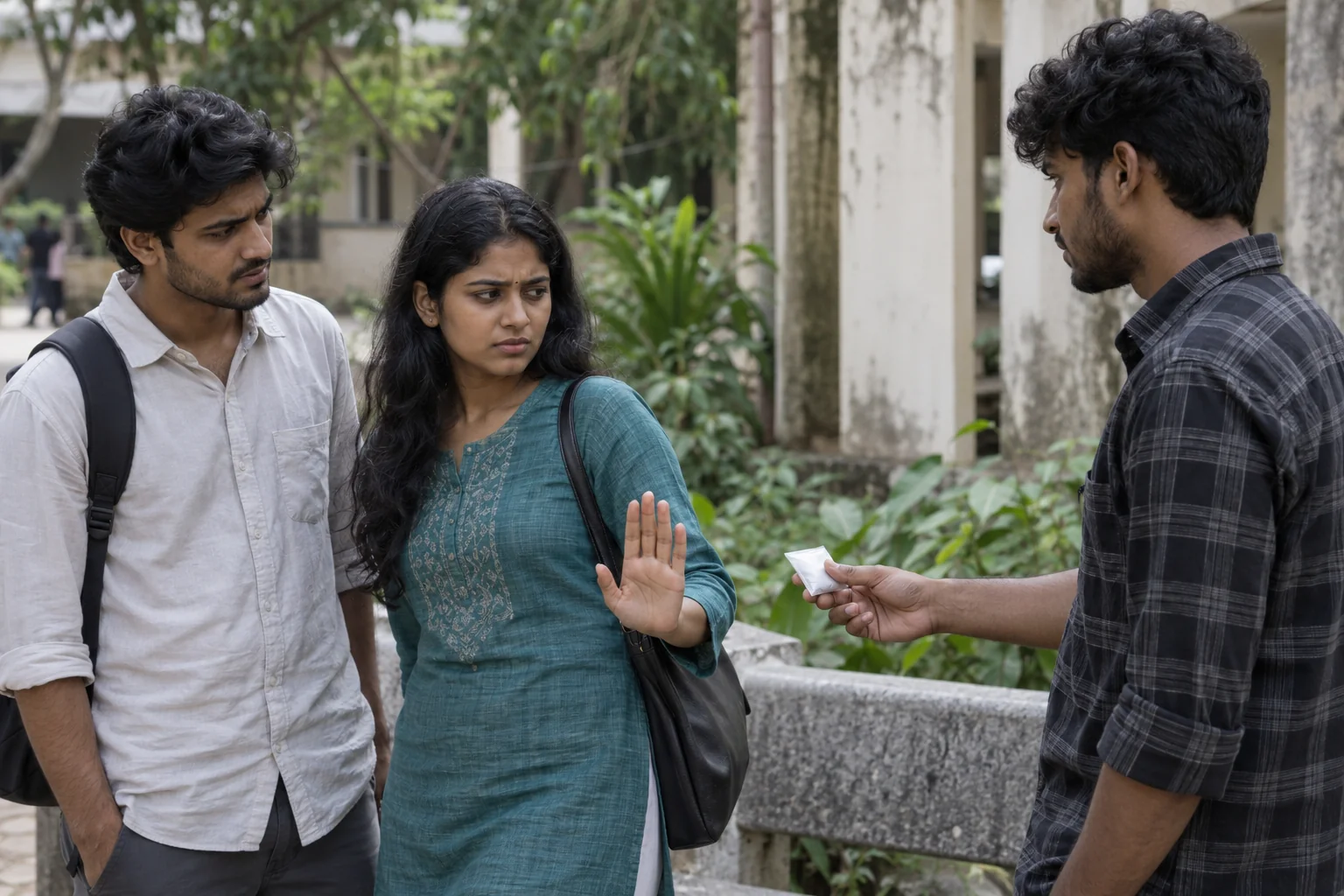 Fictional illustrative scene of a student refusing an unknown substance offered by a peer