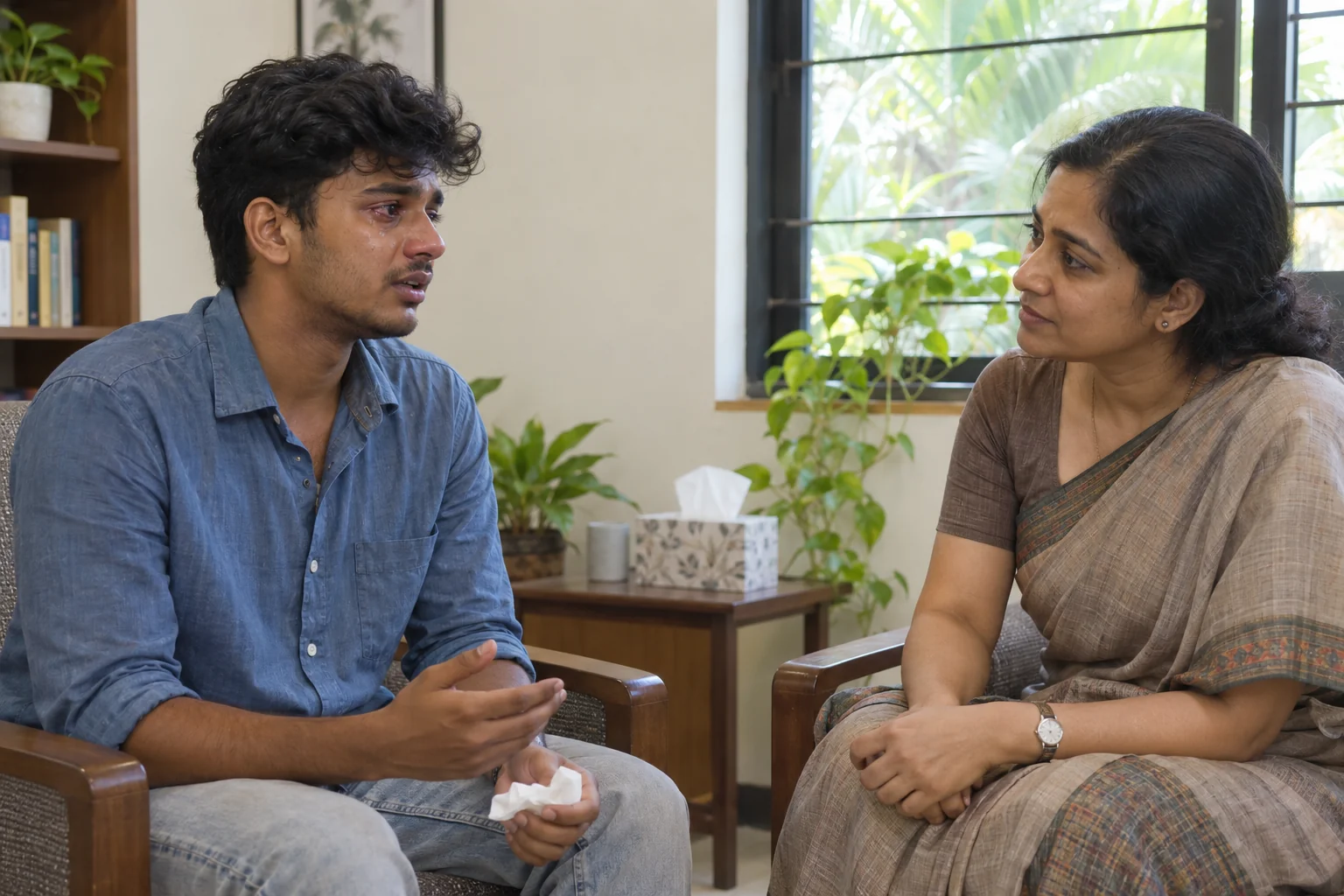 Fictional illustrative photograph of a tearful male student speaking with an empathetic counsellor